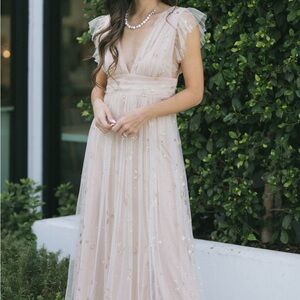Starry Celestial Nude Gold Tulle Maxi Dress